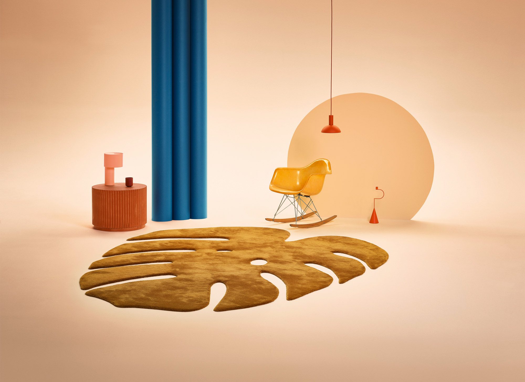 A leaf-shaped miroo rug in a colourful room set
